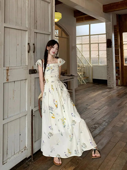 Summer Floral Print Maxi Dress | Square Collar Sleeveless Korean Style