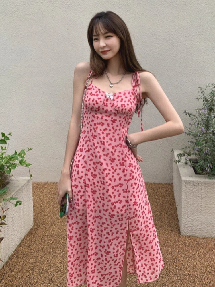 French Style Floral Chiffon Sling Dress | Waist-Cinched Slim Mid-Calf Vacation Dress