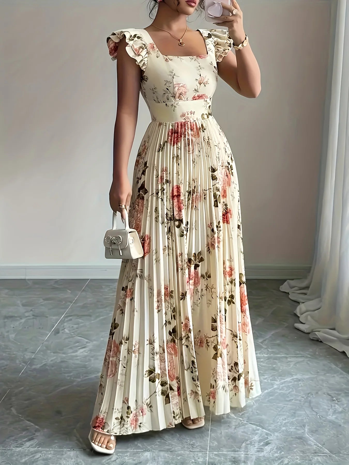 Ivory Floral Pleated Ankle-Length Dress | Square Neck Evening Gown for Women