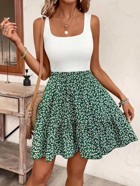 Square Neck Sleeveless Print Mini Dress | Summer Vacation