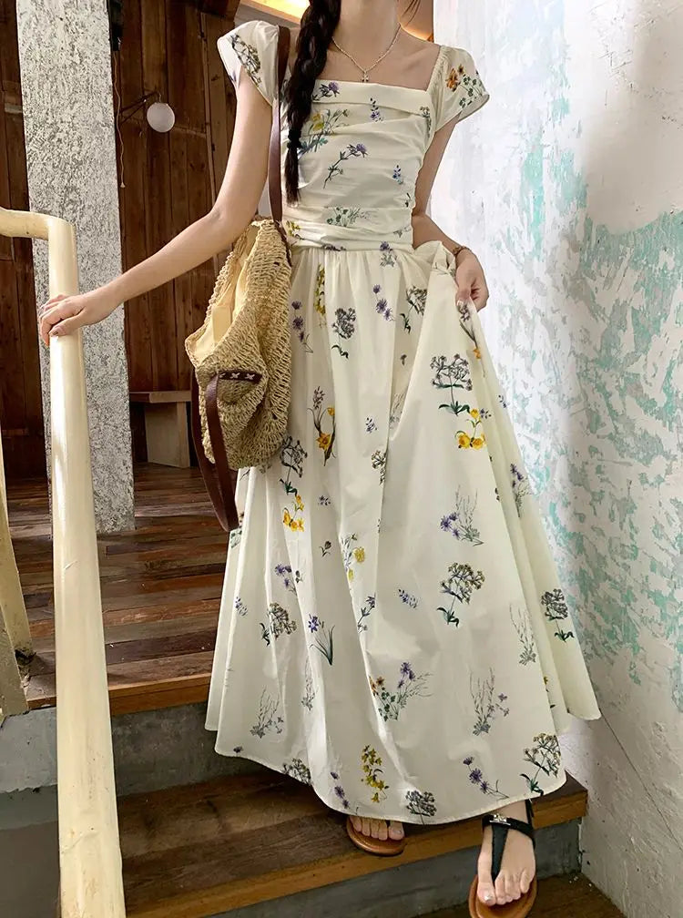 Summer Floral Print Maxi Dress | Square Collar Sleeveless Korean Style