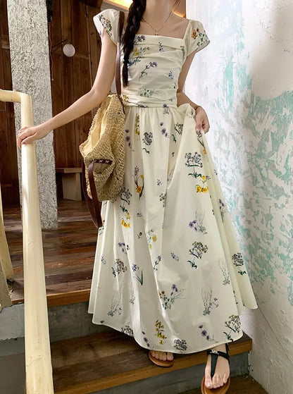 Summer Floral Print Maxi Dress | Square Collar Sleeveless Korean Style