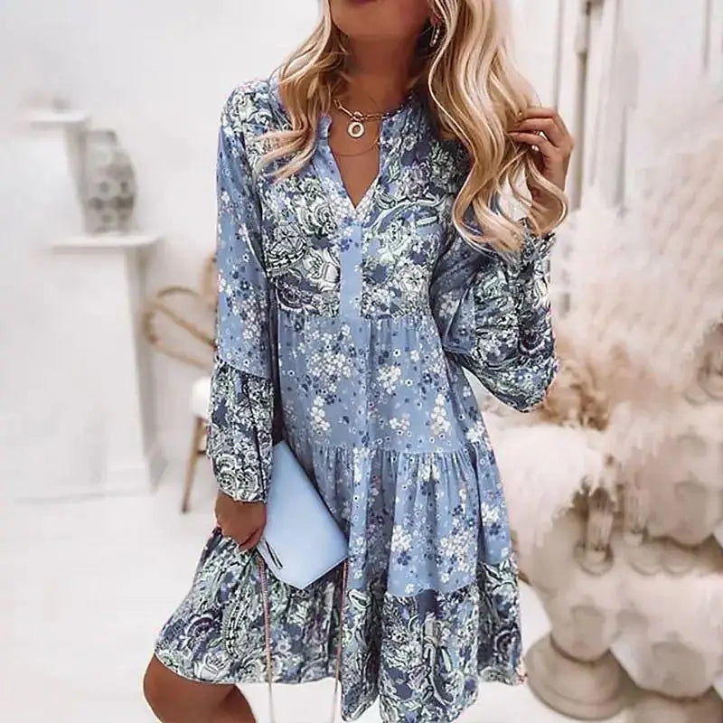 Boho Floral V-Neck Mini Dress | Batwing Sleeve