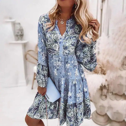 Boho Floral V-Neck Mini Dress | Batwing Sleeve