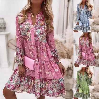 Boho Floral V-Neck Mini Dress | Batwing Sleeve