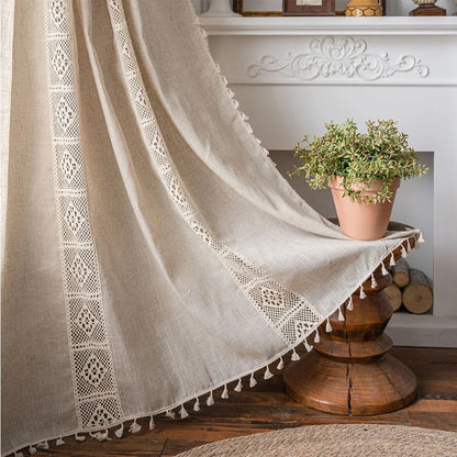 Boho Linen Lace Tassel Curtains | Rod Pocket Sheer Panels for Living Room, Bedroom & Kitchen