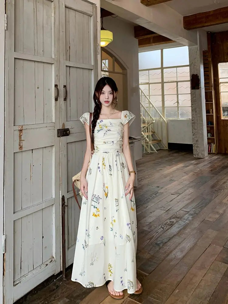 Summer Floral Print Maxi Dress | Square Collar Sleeveless Korean Style