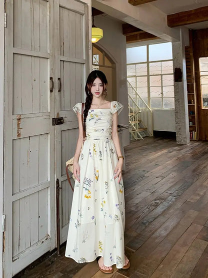 Summer Floral Print Maxi Dress | Square Collar Sleeveless Korean Style