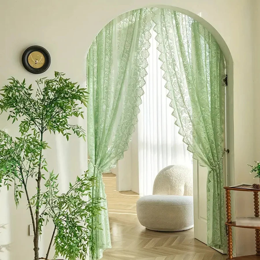 French Country Lace & Bead Curtain | Phoenix Tail Wave Design | Sheer Panel for Living Room & Bedroom
