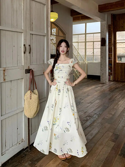 Summer Floral Print Maxi Dress | Square Collar Sleeveless Korean Style