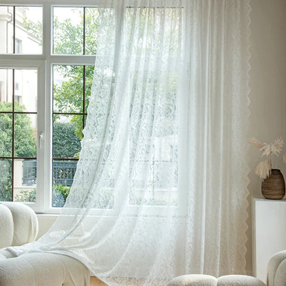 French Vintage White Lace Beaded Gauze Curtains | Sheer Wave Lace Panels for Living Room & Bedroom