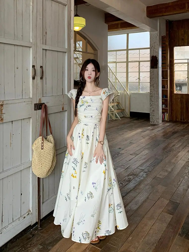 Summer Floral Print Maxi Dress | Square Collar Sleeveless Korean Style