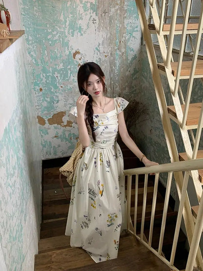Summer Floral Print Maxi Dress | Square Collar Sleeveless Korean Style