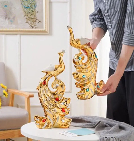 Gold Phoenix Peacock Ceramic Sculpture | Home Decor