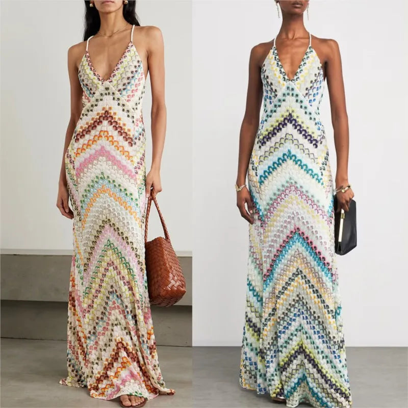 Boho Maxi Dress Sleeveless Long Skirt Deep V Neck