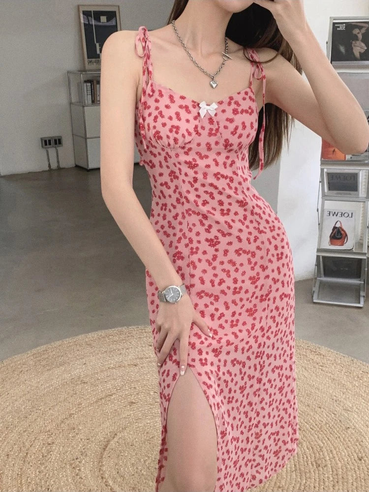 French Style Floral Chiffon Sling Dress | Waist-Cinched Slim Mid-Calf Vacation Dress